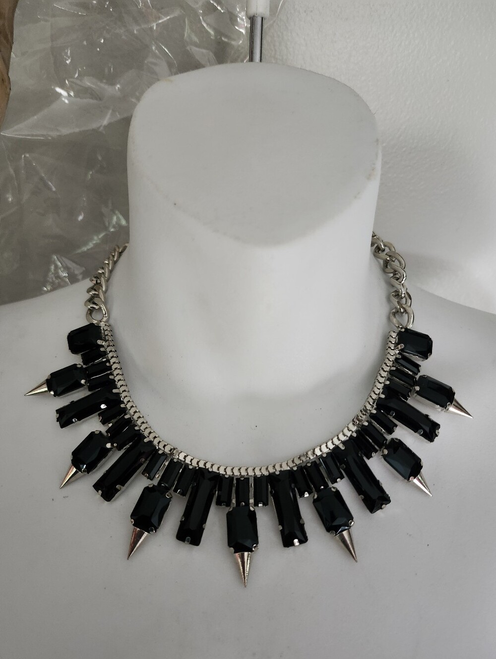 Silver Chain Black Spike Statement Necklace
